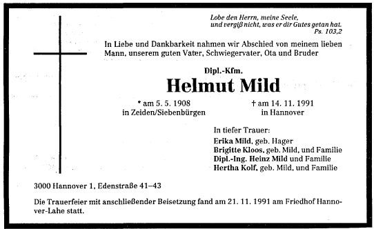 Mild Helmut 1908-1991 Todesanzeige